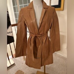 Express Caramel Belted Leather Trench Coat